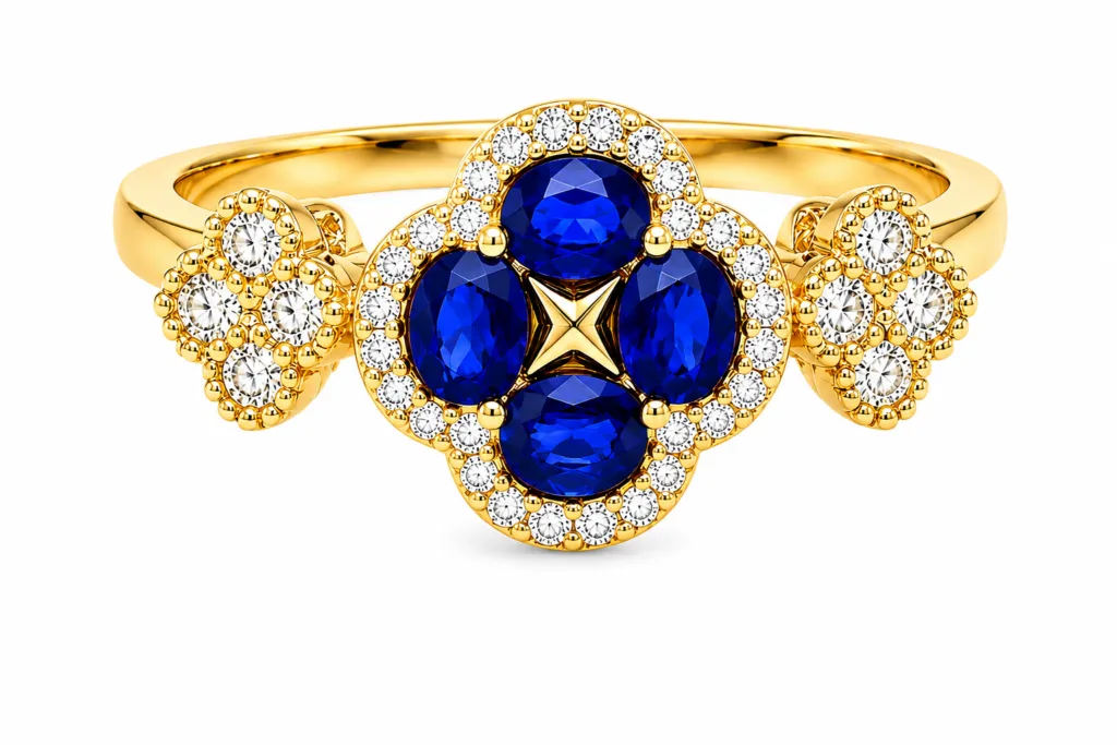 Blue Sapphire & Diamond Clover Ring – 088