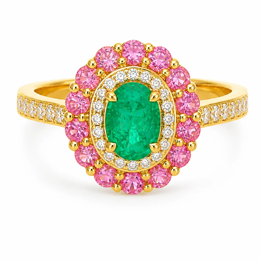 Emerald, Pink Sapphire & Diamond Halo Ring – 085