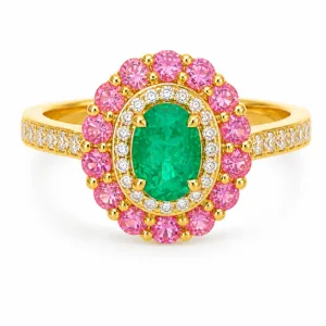 Emerald, Pink Sapphire & Diamond Halo Ring – 085