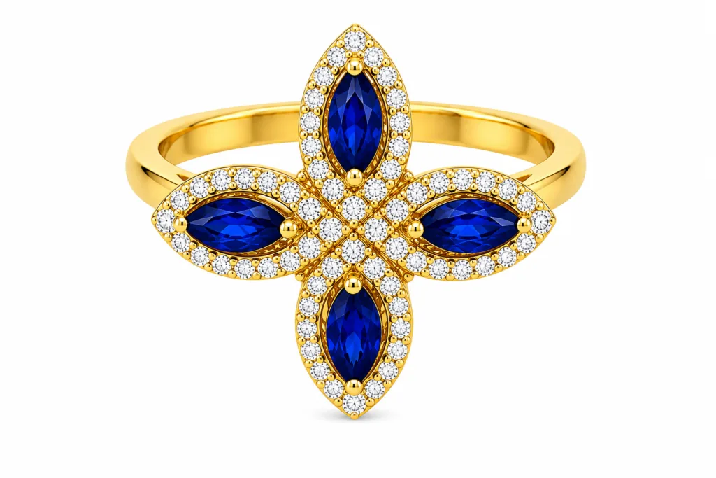 • Blue Sapphire & Diamond Flower Ring – 088