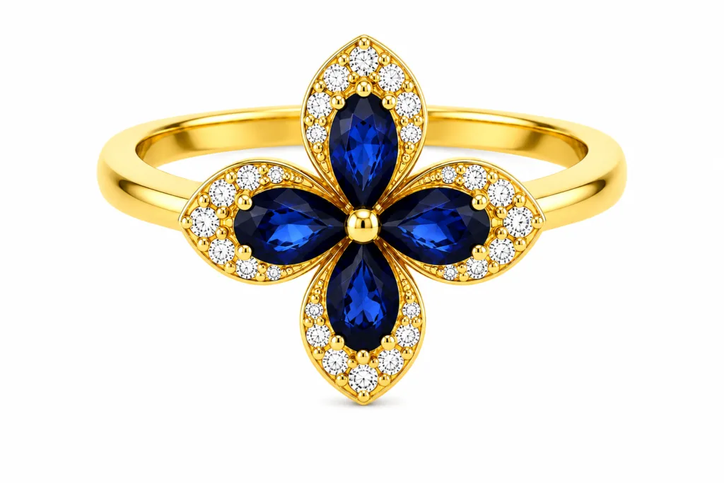 Blue Sapphire & Diamond Flower Ring – 092