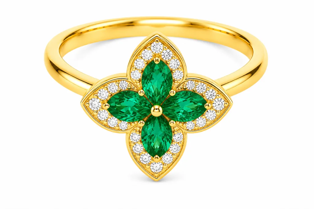 Emerald & Diamond Flower Ring – 095
