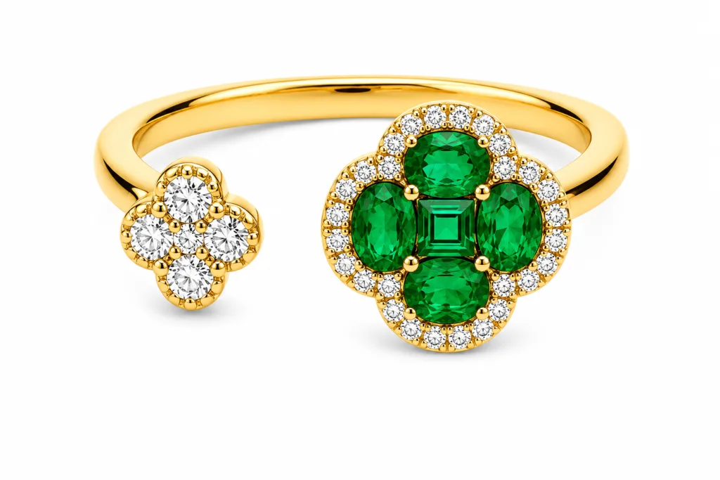 Emerald & Diamond Open Clover Ring – 099