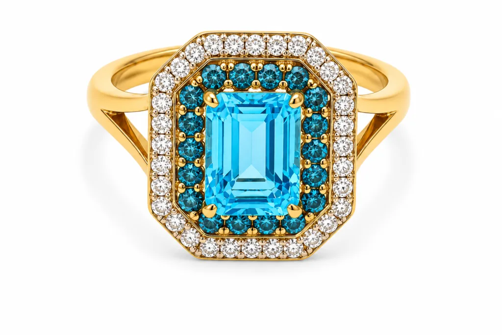 Blue Topaz & Diamond Halo Ring – 104