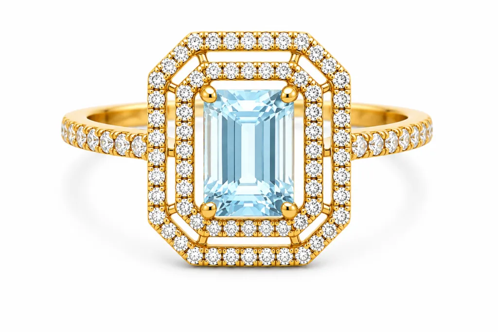 Aquamarine & Diamond Halo Ring – 105
