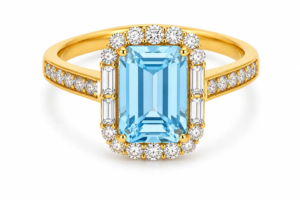 Blue Topaz & Diamond Halo Ring – 107