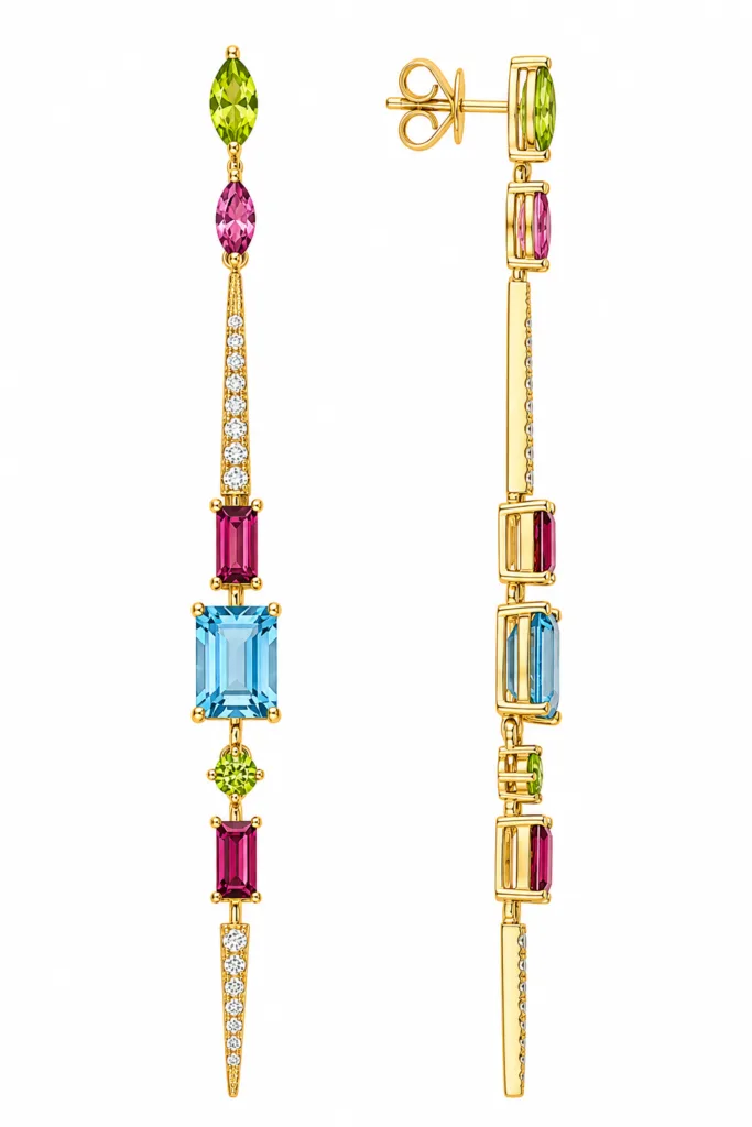 Multicolor Gemstone & Diamond Drop Earrings – 001