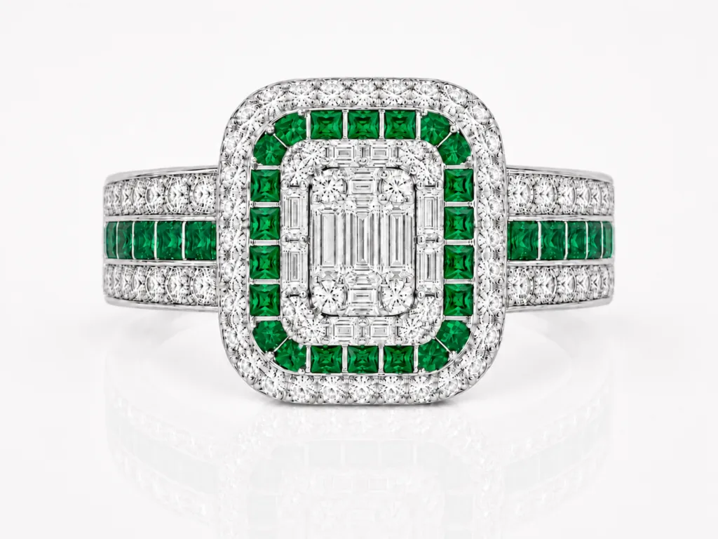 Emerald and Diamond Double Halo Cocktail Ring – 052