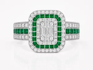 Emerald and Diamond Double Halo Cocktail Ring – 052