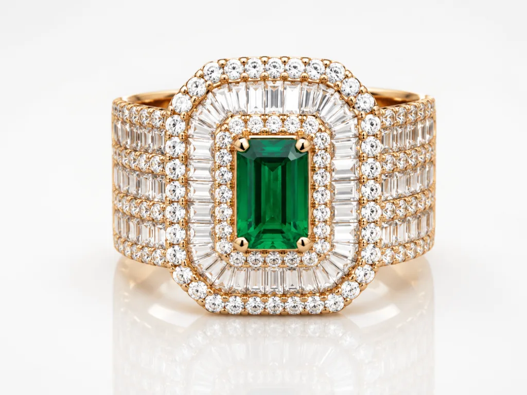 Triple Diamond Baguette Band with Emerald Ring – 057