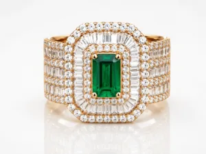 Triple Diamond Baguette Band with Emerald Ring – 057