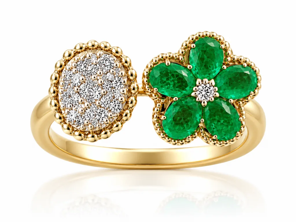 Emerald Blossom and Diamond Halo Ring – 063
