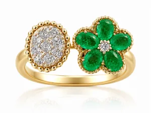 Emerald Blossom and Diamond Halo Ring – 063