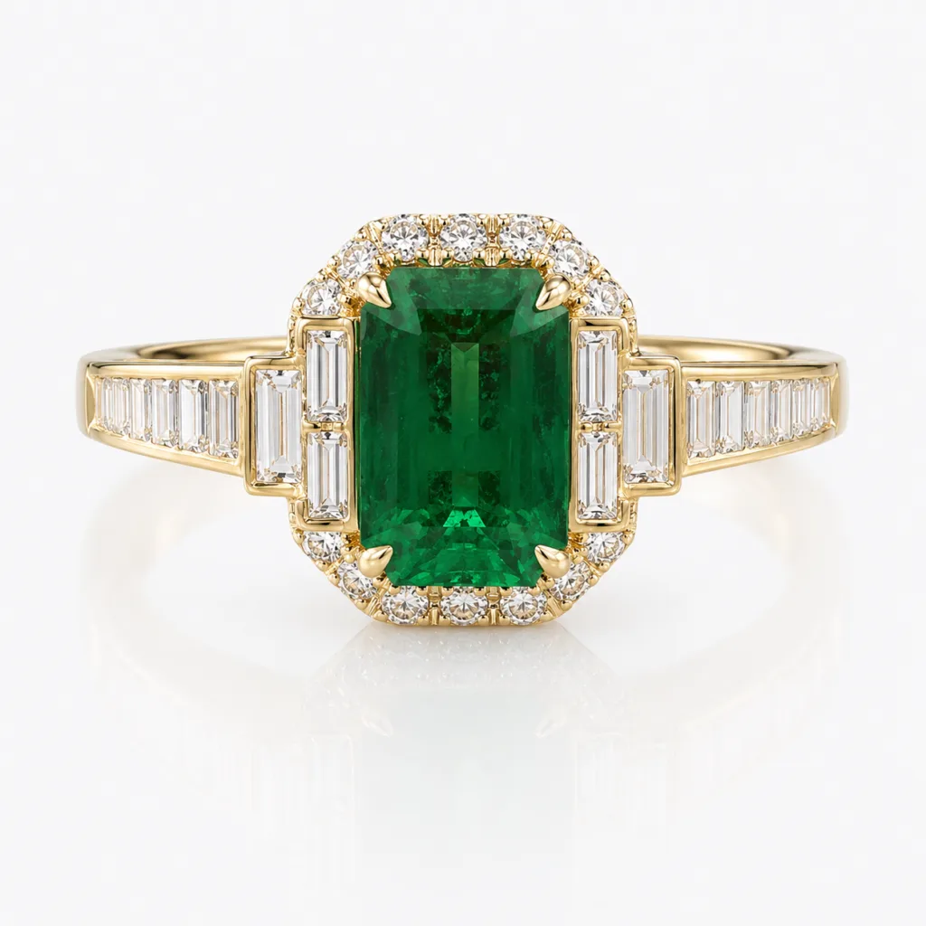 Emerald Lumiere Baguette Diamond Halo Ring – 071