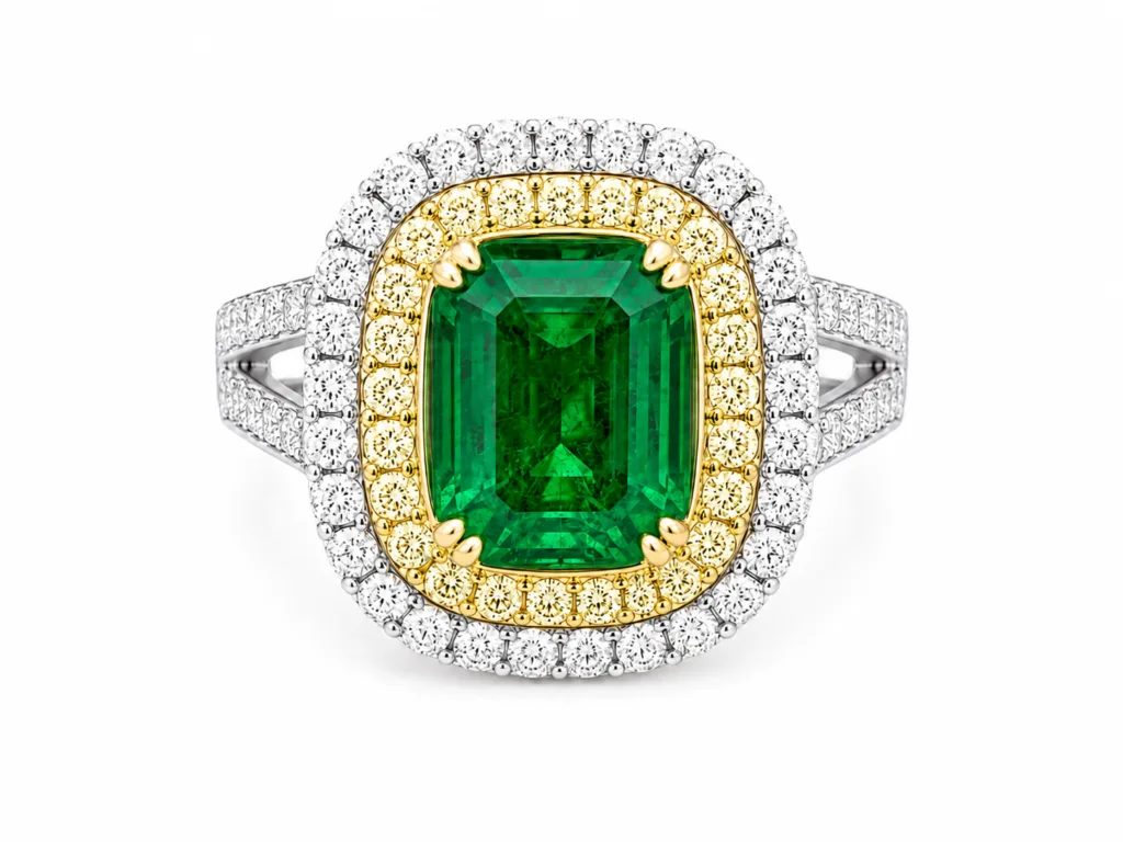 Emerald Radiance Double Halo Diamond Ring – 079