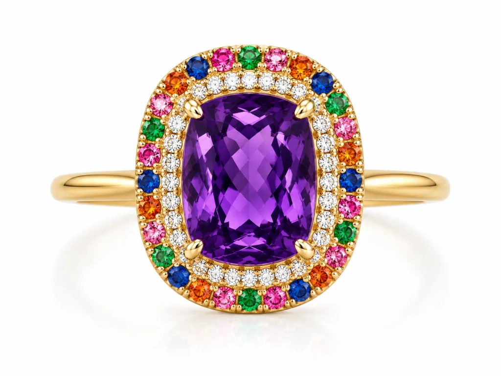 Amethyst Rainbow Halo Ring – 086